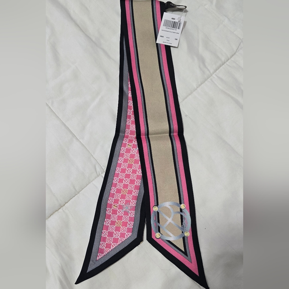 Henri Bendel 30" Monogram Skinny Mini Twilly PINK/TAN Scarf. NEW w Tags